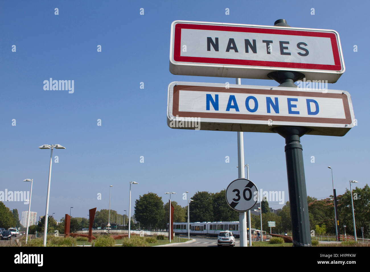 France, Nantes, road signs in French and Breton. Stock Photo
