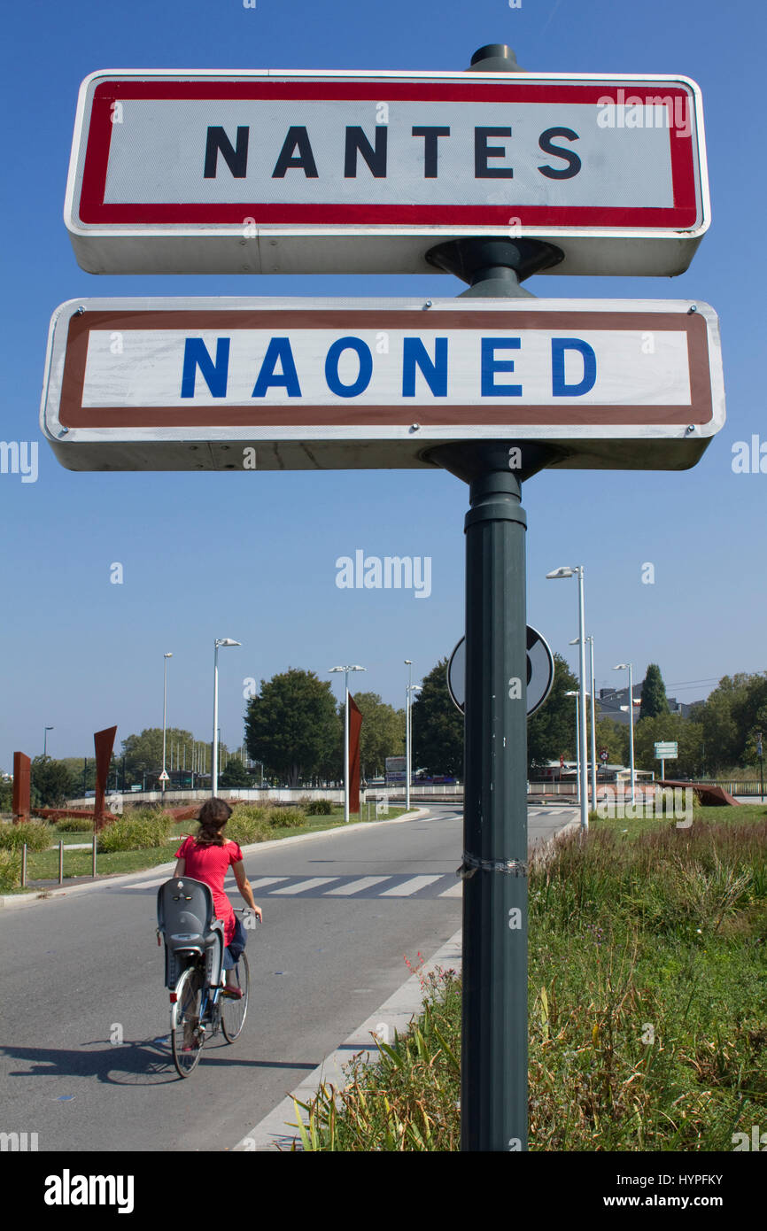 France, Nantes, road signs in French and Breton. Stock Photo