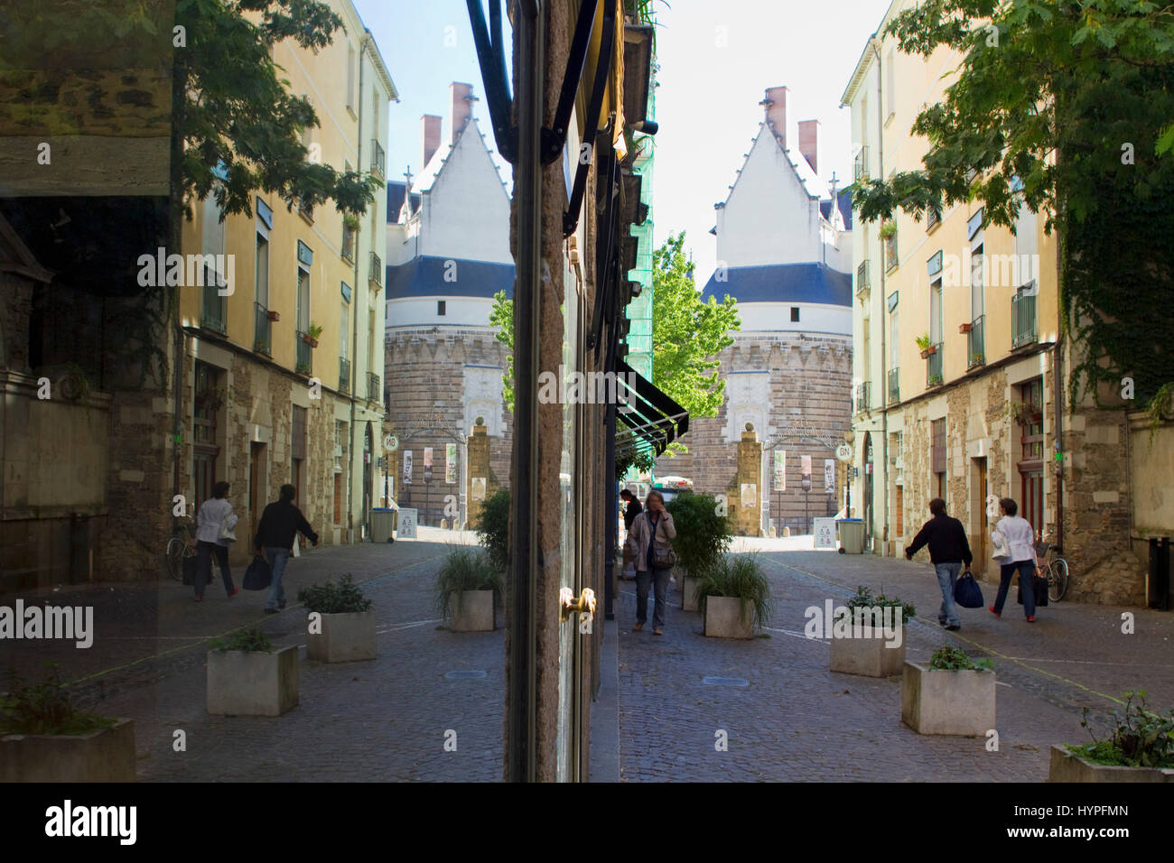 France, North-Western France, Nantes, Rue du Chateau, reflections in shop window Stock Photo