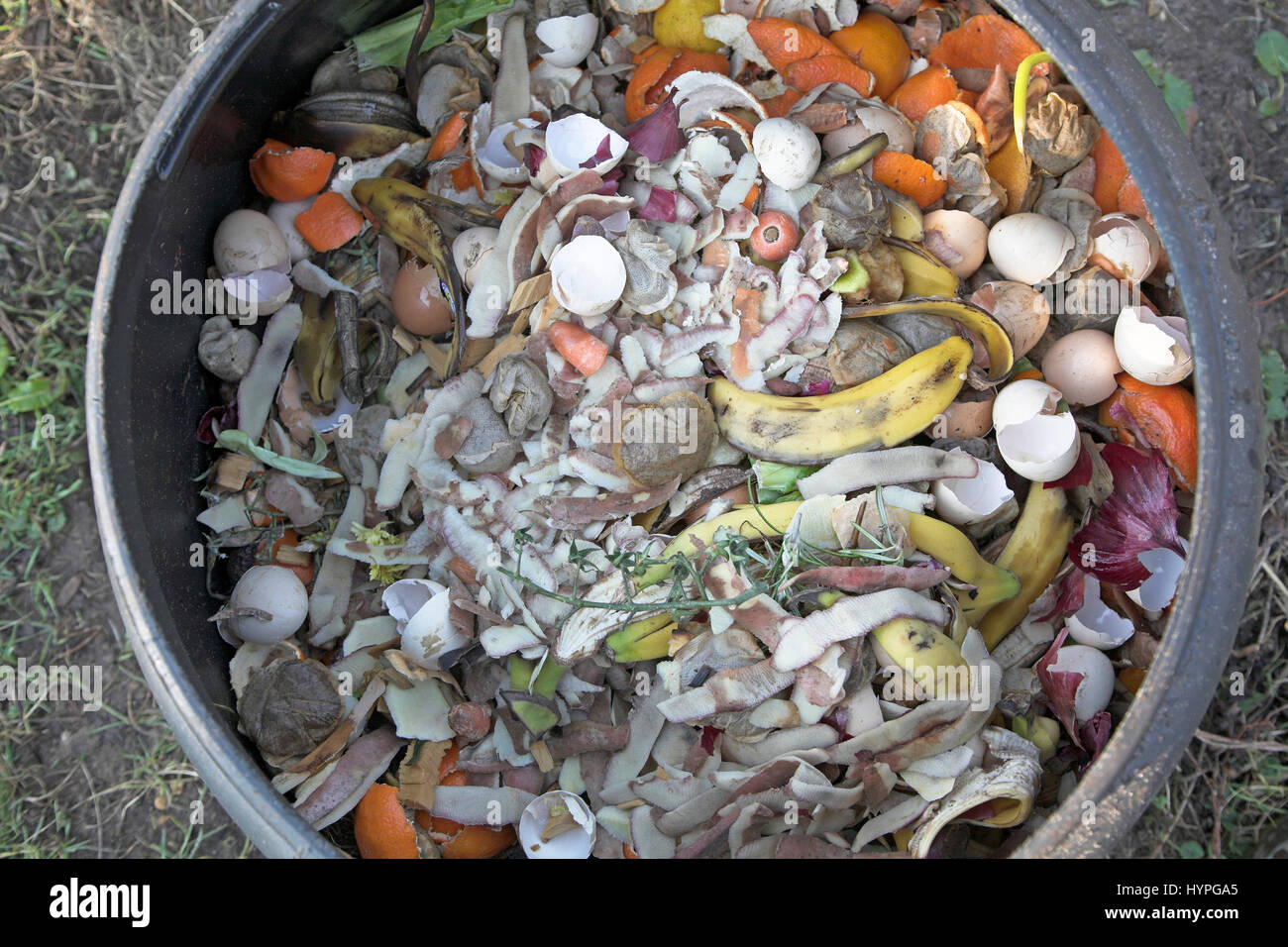 Compost bin organic food waste viewed from above Stock