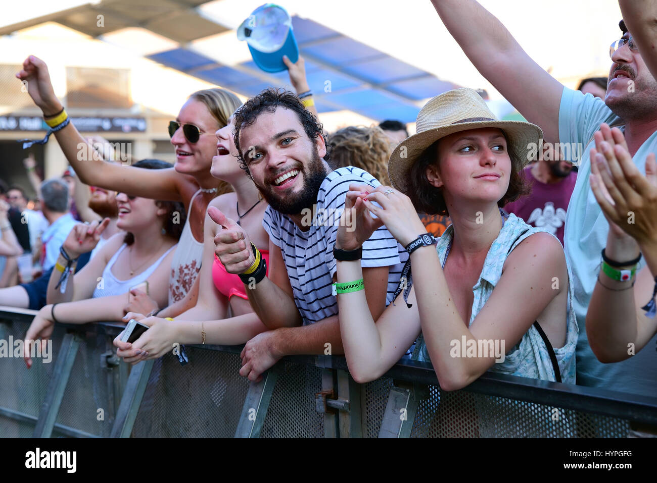 BARCELONA - JUN 20: People in a concert at Sonar Festival on June 20, 2015 in Barcelona, Spain. Stock Photo