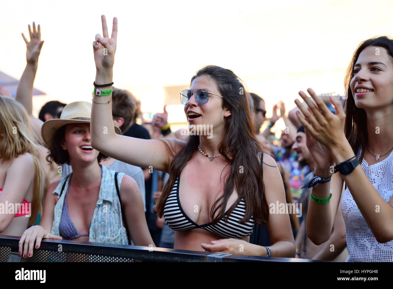 BARCELONA - JUN 20: People in a concert at Sonar Festival on June 20, 2015 in Barcelona, Spain. Stock Photo