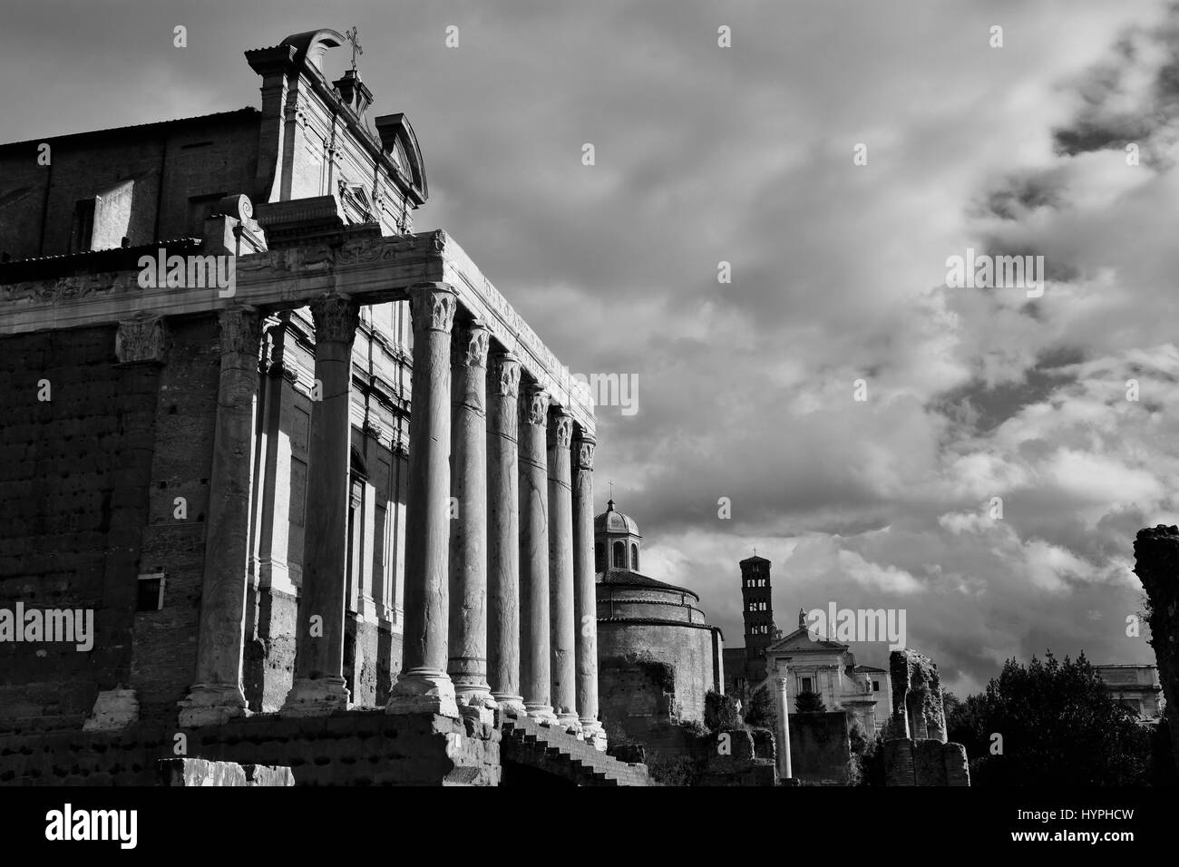 Ancient temples and churches along 'Via Sacra' (Sacred Road) in Roman Forum, Black and White Stock Photo