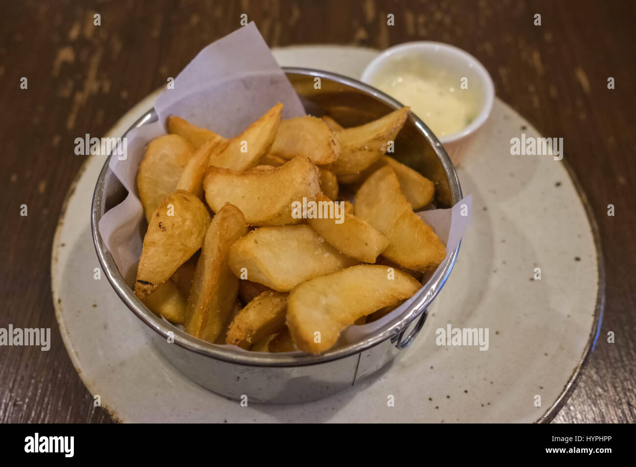 Deep Fried Wedges in Stainless Steel plate with Tartar sauce Stock