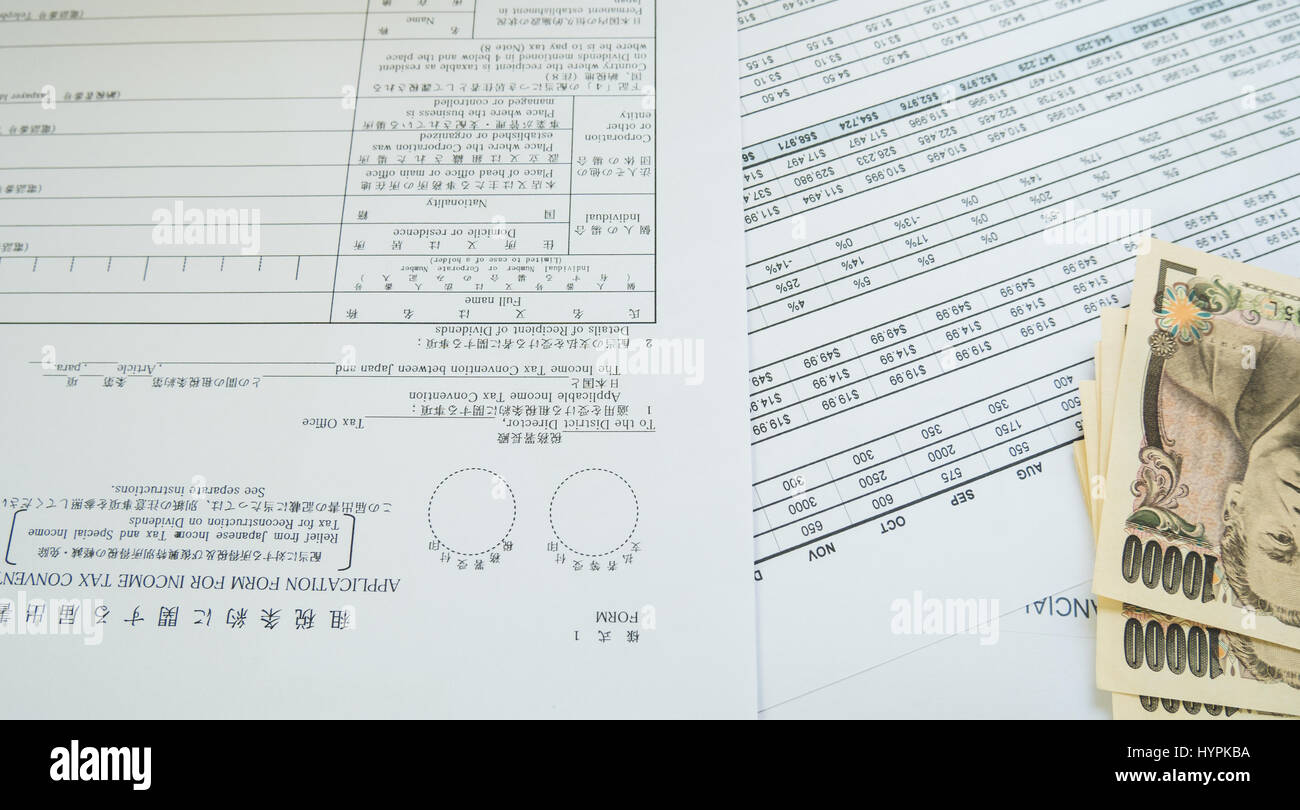 tax forms paper with yen moneyin business concept. Stock Photo