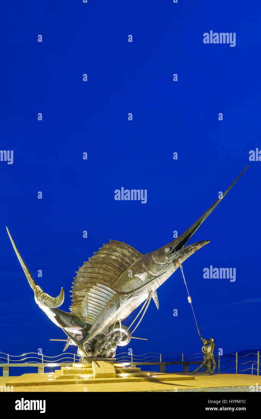 The Sword Fish Sculpture adorning the beach at sunrise in Ao Nang Krabi