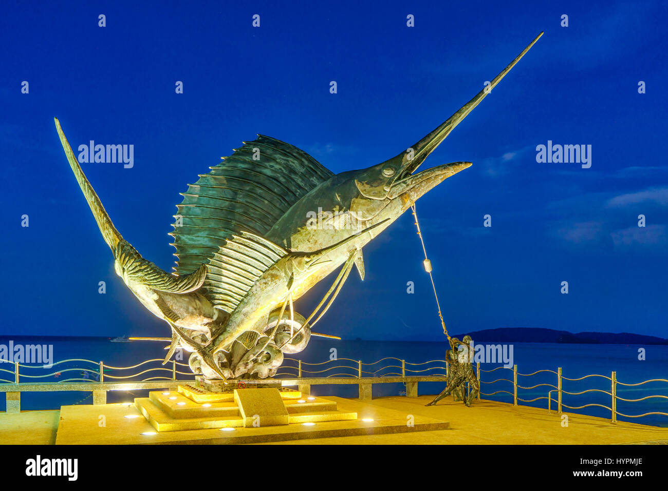 The Sword Fish Sculpture adorning the beach at sunrise in Ao Nang Krabi