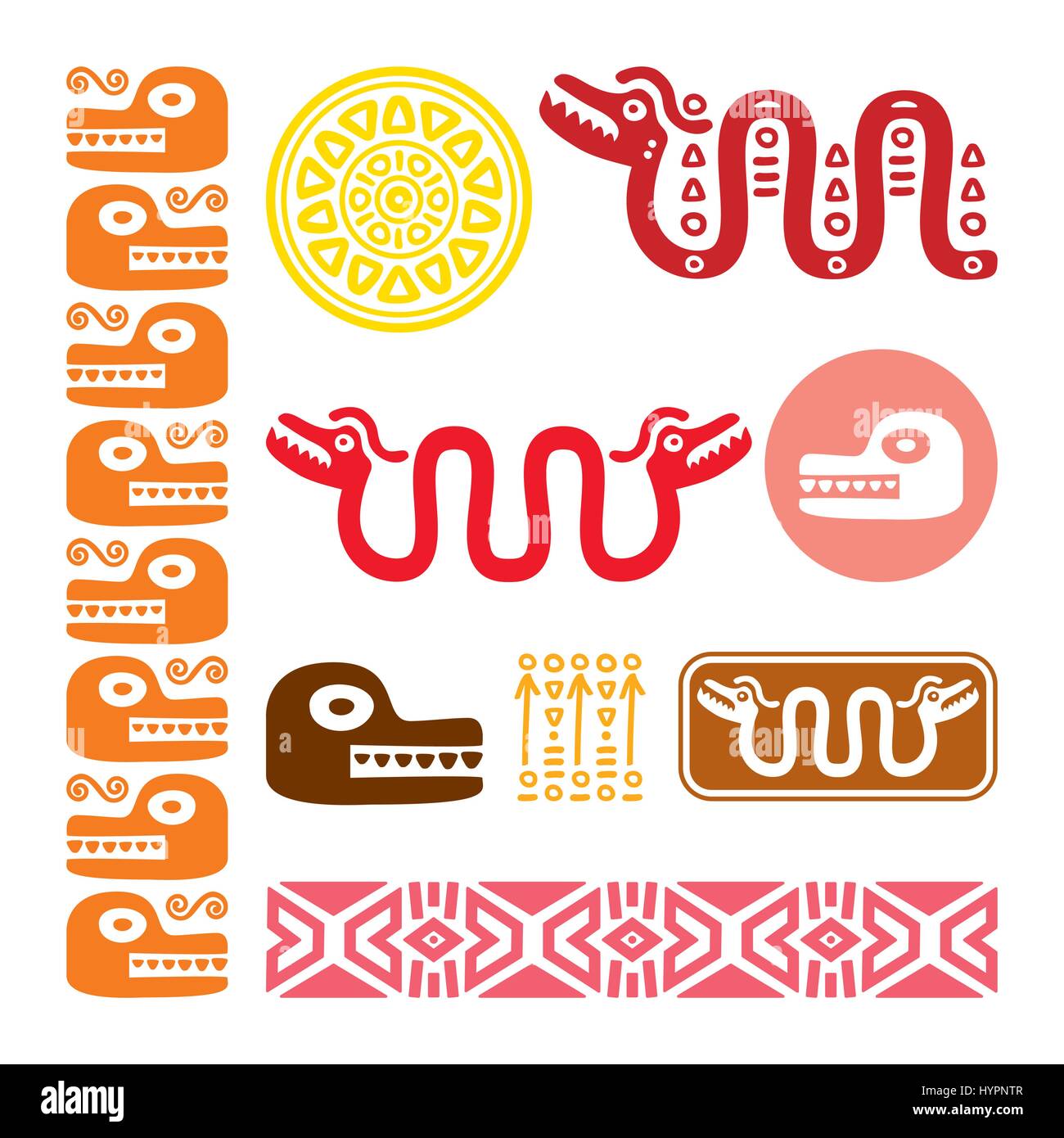 Aztec animals, Mayan snake, ancient Mexican design set Stock Vector
