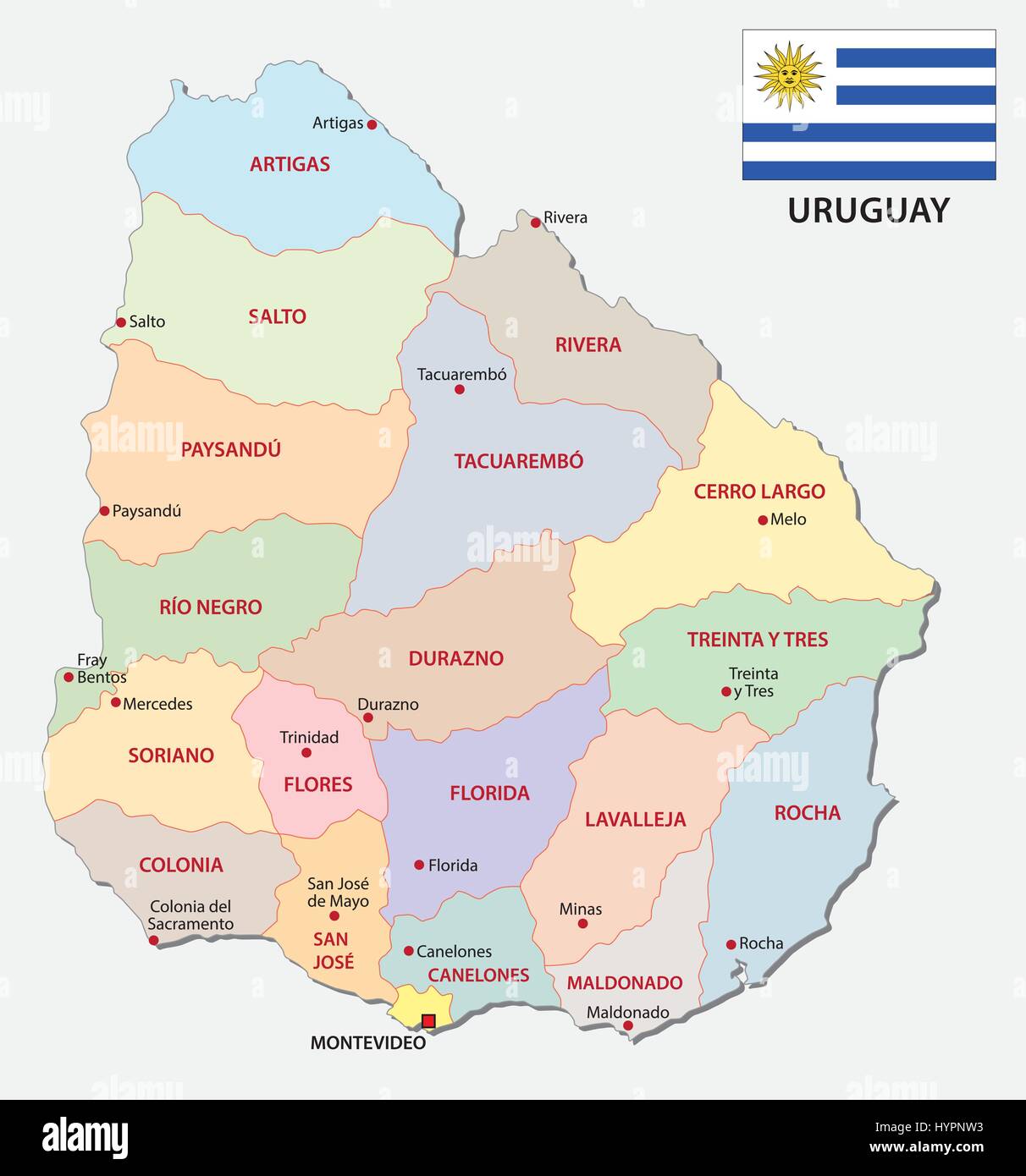 uruguay administrative map with flag Stock Vector