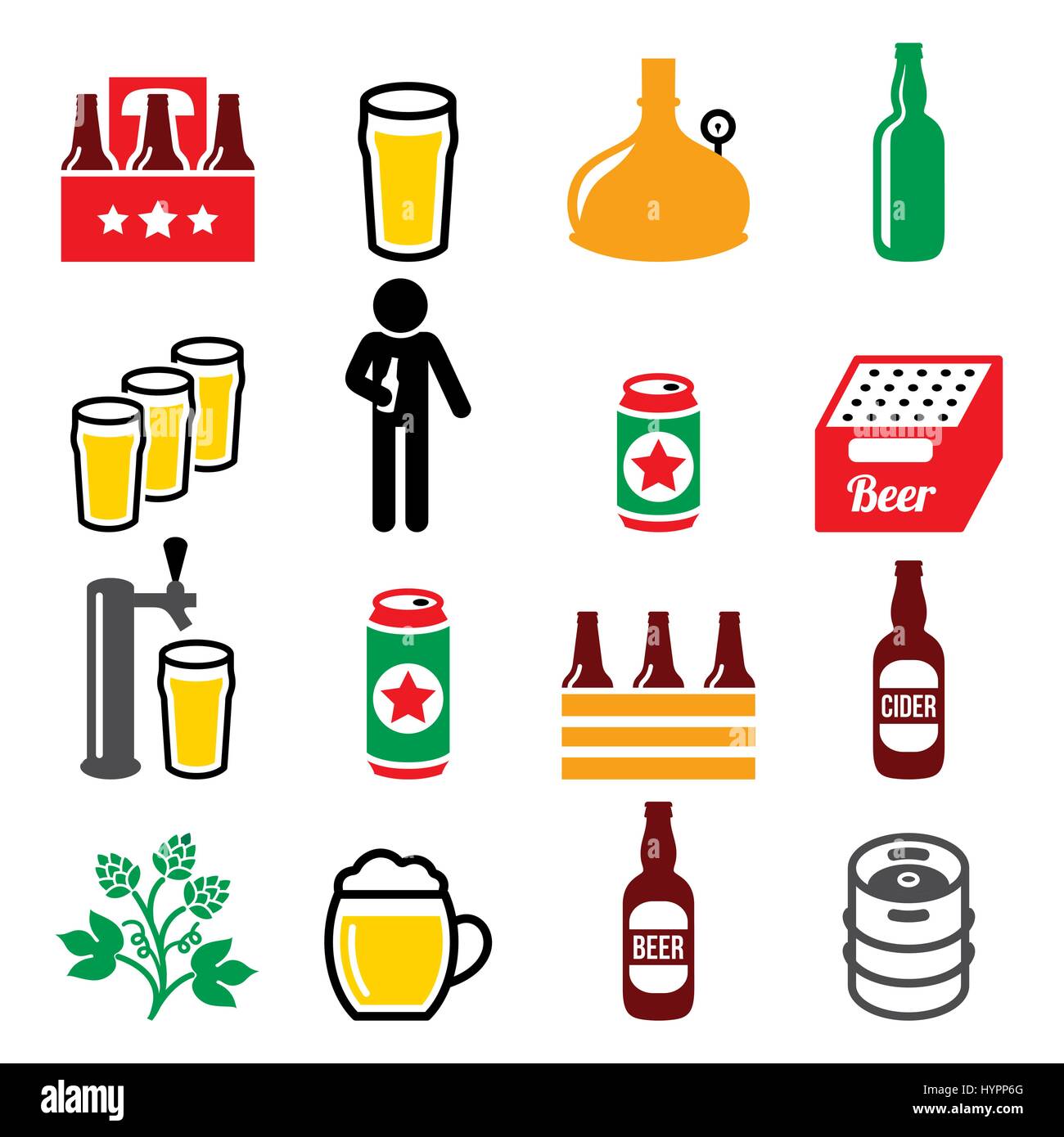 Beer, brewery, drinking alcohol in pub vector icons set Stock Vector