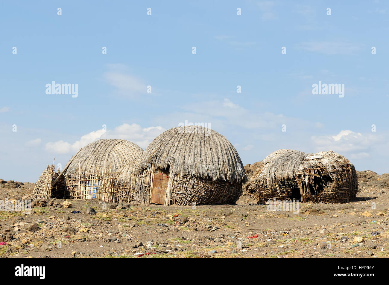 Traditional round house of people from the Turkana tribe on the shore of the lake Turkana in Kenya Stock Photo