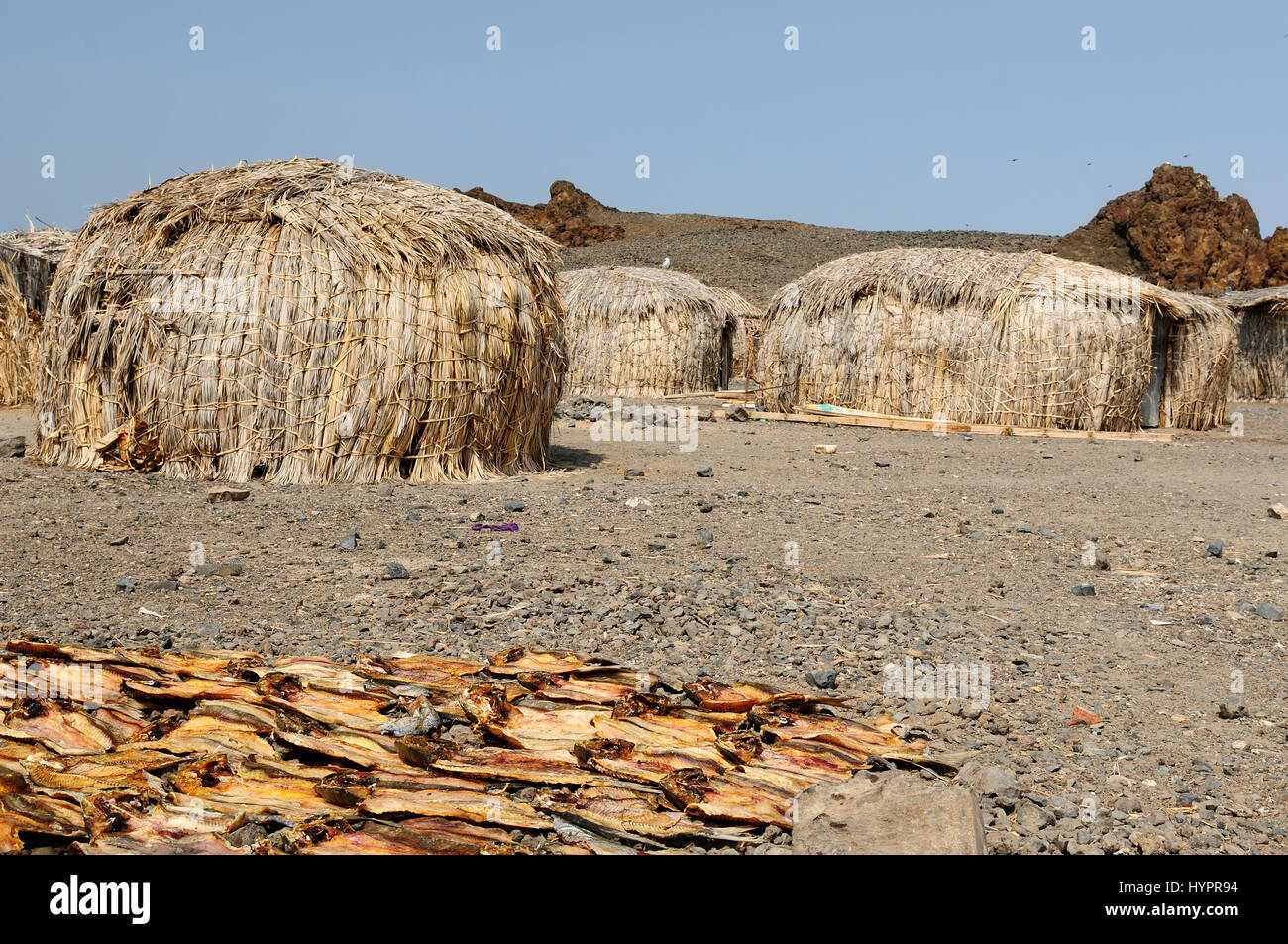 Traditional round house of people from the El Molo tribe on the shore of the lake Turkana in Kenya Stock Photo