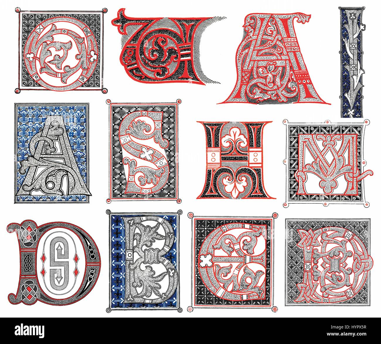Decorated letters, Initials from the 11th century Stock Photo