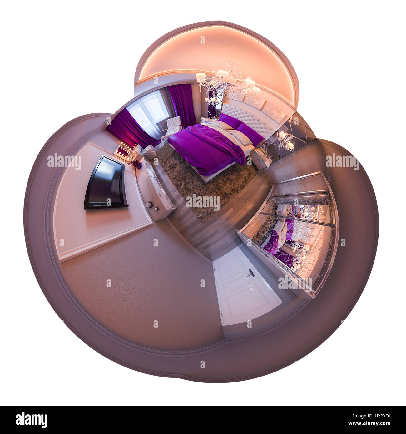 3d illustration spherical 360 degrees, seamless panorama of bedroom interior design. The bedroom is made in white and purple tones in a classic style  Stock Photo