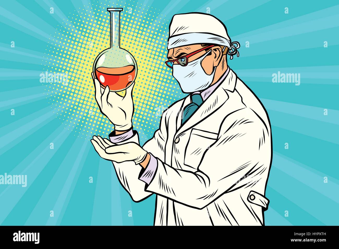 Scientist in mask analyzes laboratory flask with liquid Stock Vector