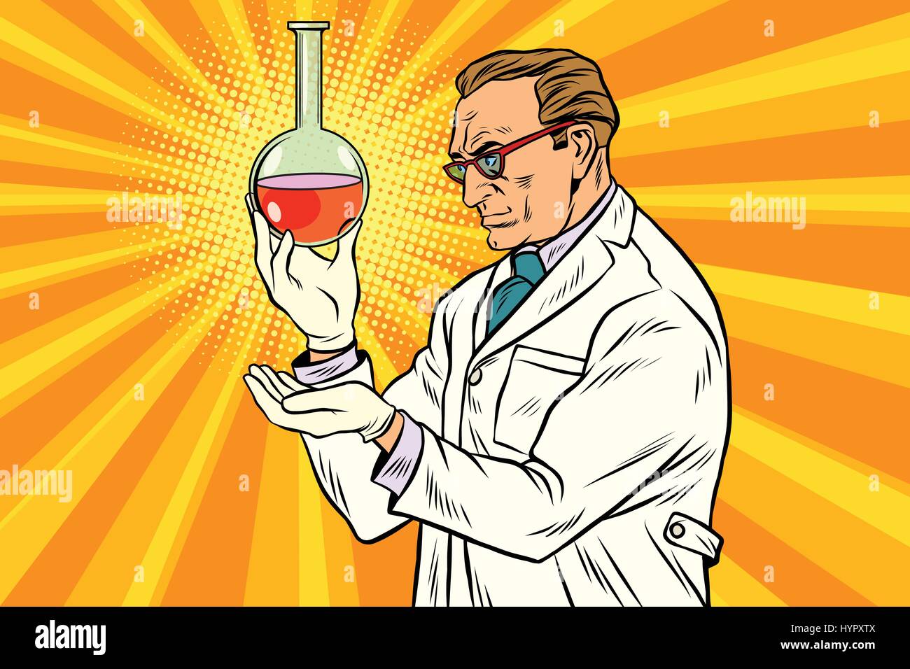 Scientist chemist analyzes laboratory flask Stock Vector