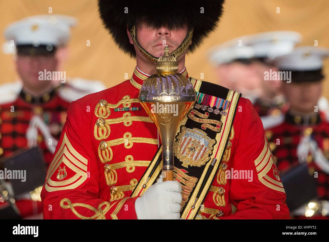 The Presidents Own U.S. Marine Band soldier stands in formation during the Navy-Marine Corps Ball at the Washington Hilton February 4, 2017 in Washington, DC. Stock Photo