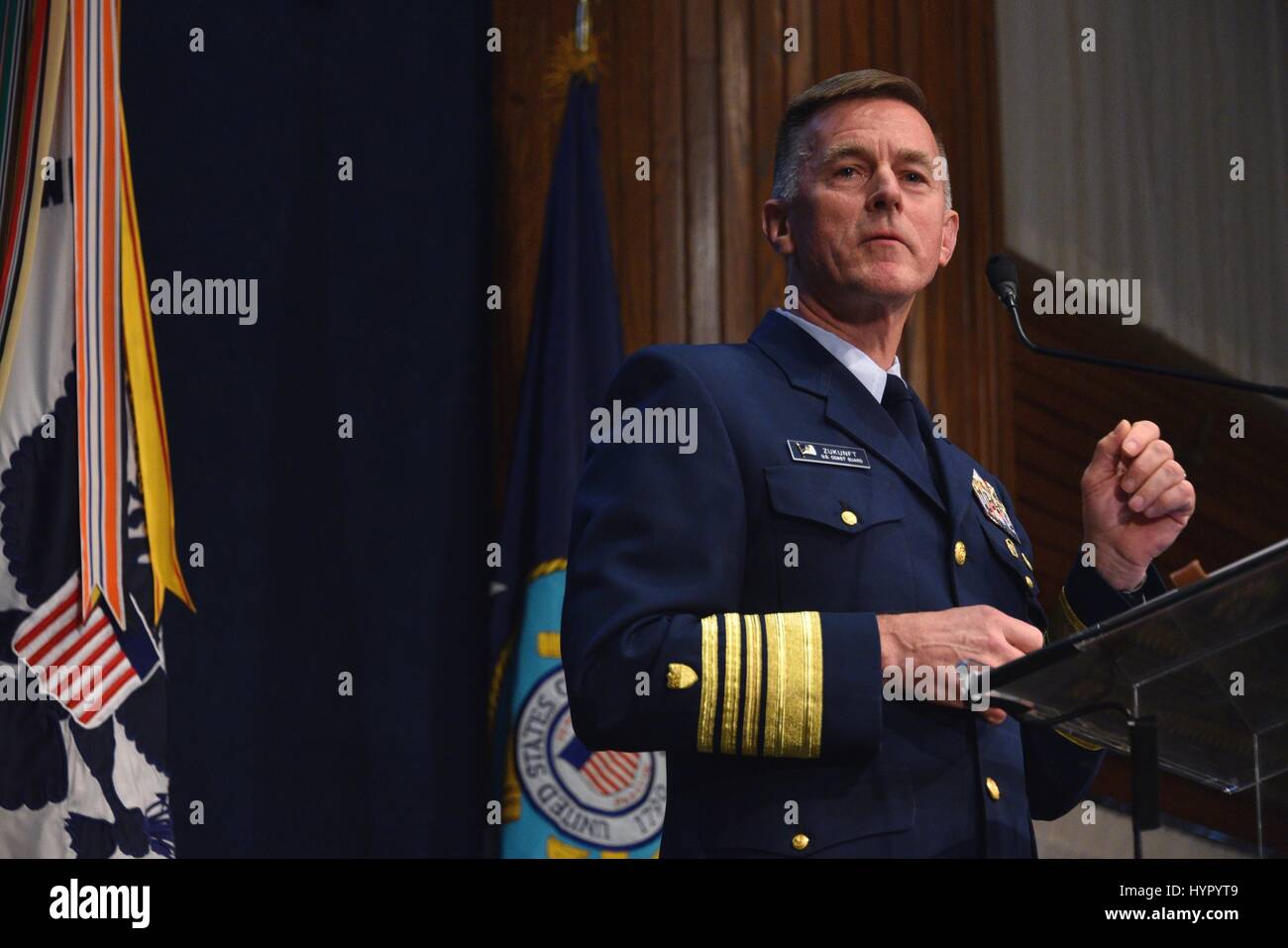 U.S. Coast Guard Commandant Paul Zukunft delivers the 2017 State of the Coast Guard Address at the National Press Club March 16, 2017 in Washington, DC. Stock Photo