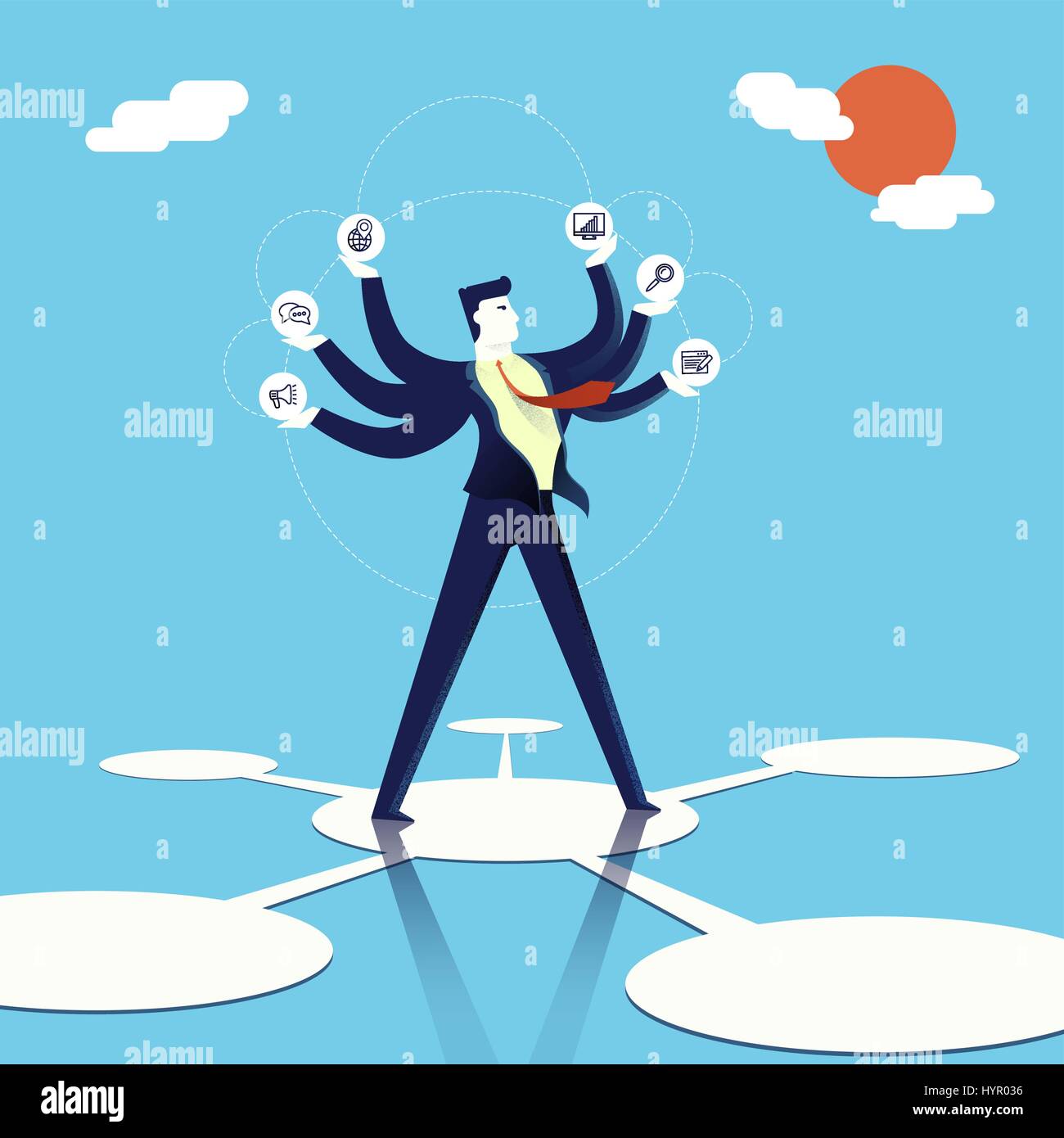 Business multitasking concept illustration, executive entrepreneur man juggling multiple work skills and ways to take. Modern flat art design for mult Stock Vector
