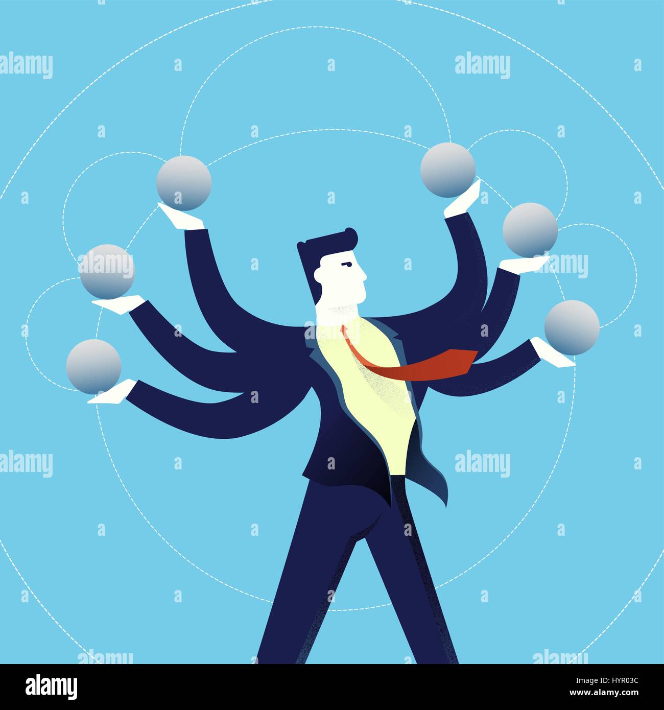 Business multitask concept illustration, acrobat office man juggling with copy space elements. Contemporary flat art design for professional project.  Stock Vector