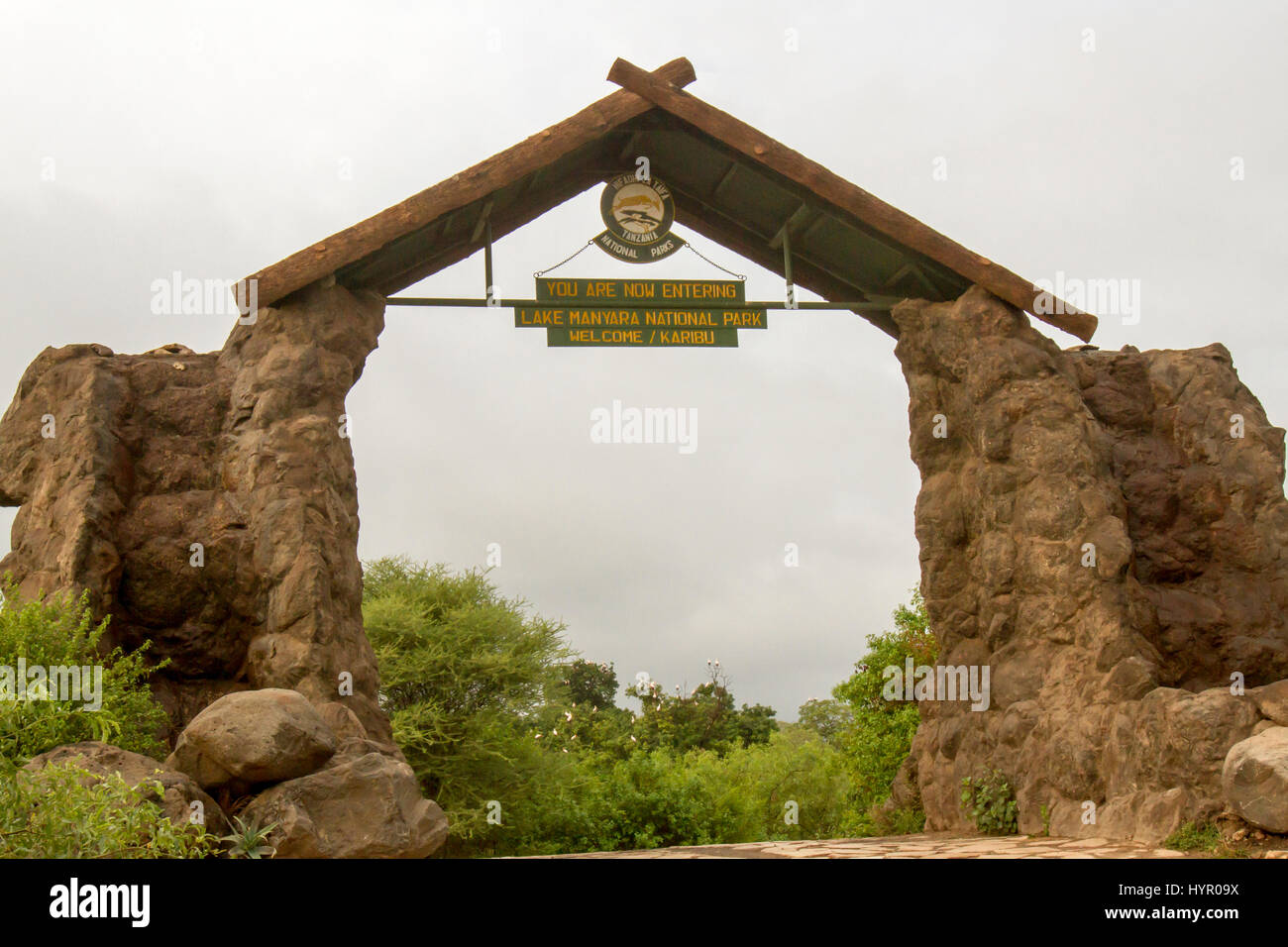 Lake Manyara National Park, Tanzania - March 6, 2017 :  Entrance sign to Lake Manyara National Park, Tanzania, Africa. Stock Photo