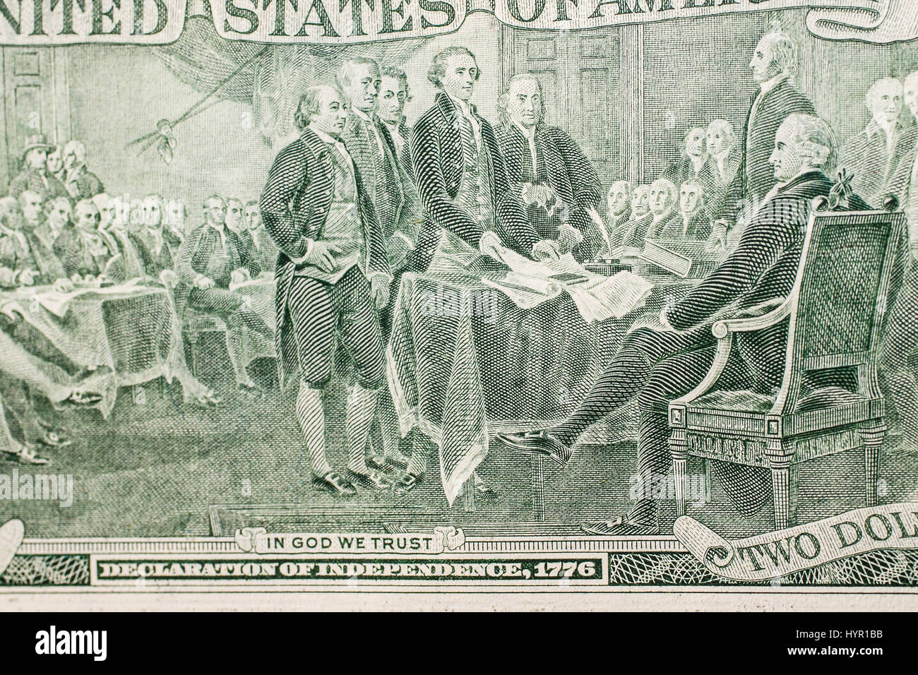 Closeup of the Declaration of independence drawing from the back of a two dollar bill Stock