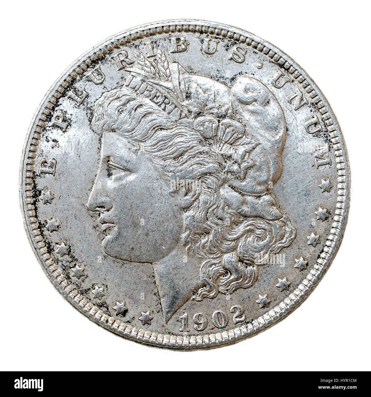 1902 Morgan Dollar silver coin, obverse. Stock Photo