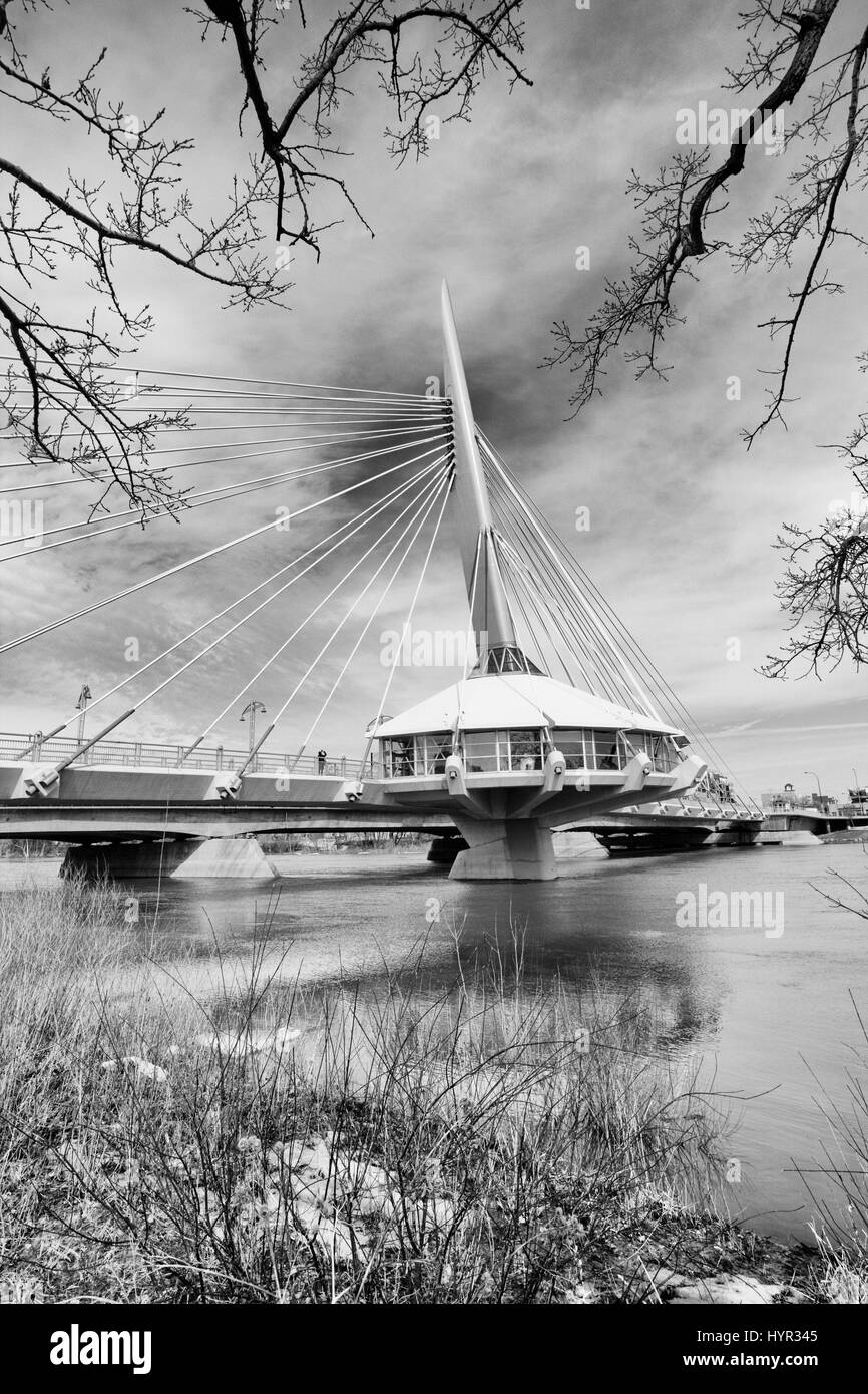 Provencher bridge in Winnipeg over red river, black and white Stock Photo