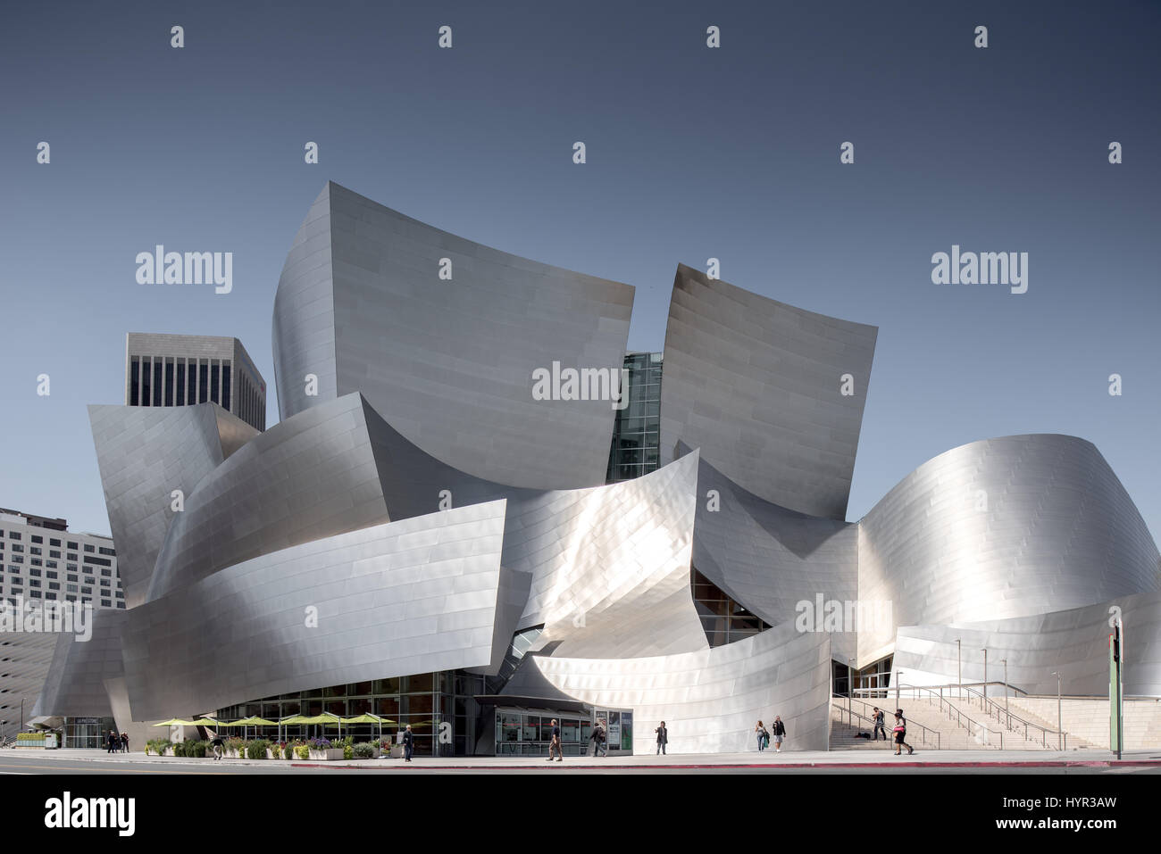 Frontal view of Walt Disney Concert Hall in downtown Los Angeles on a clear sunny day. Stock Photo