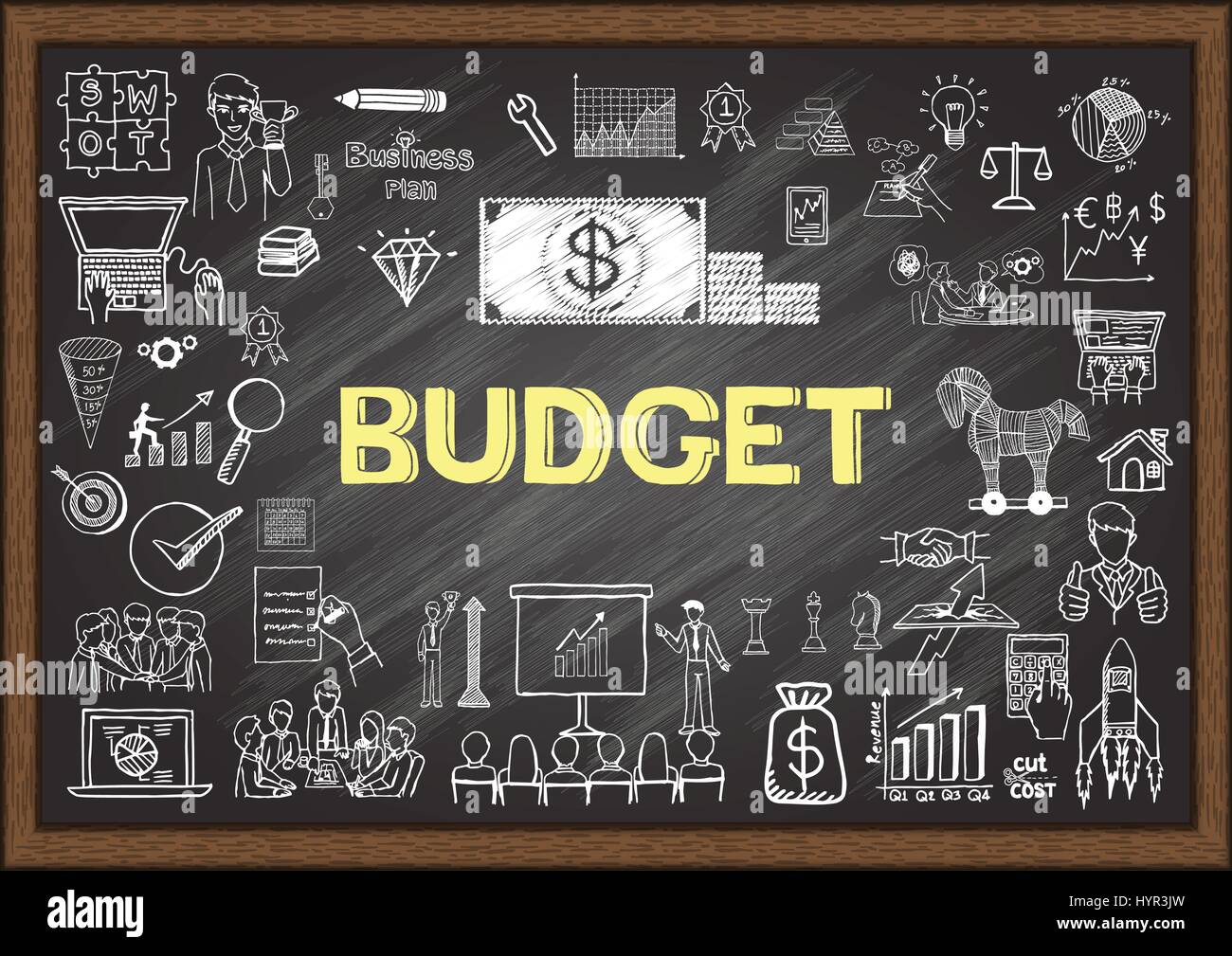 Hand drawn icons about BUDGET on chalkboard. Vector illustrations Stock Vector
