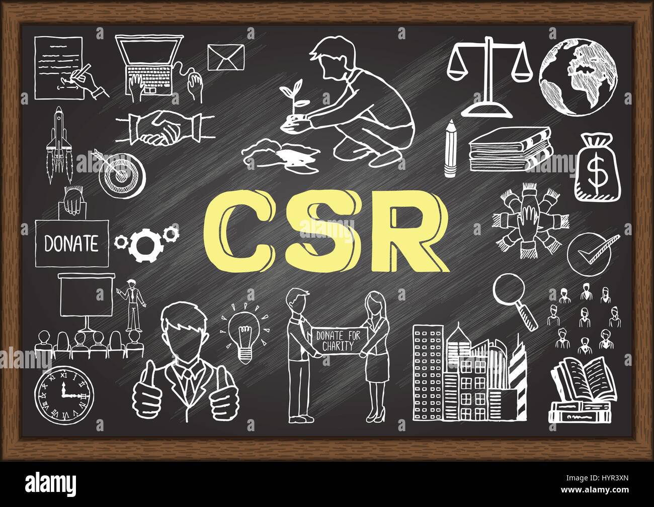 Hand drawn icons about CSR on chalkboard. Vector illustrations Stock Vector