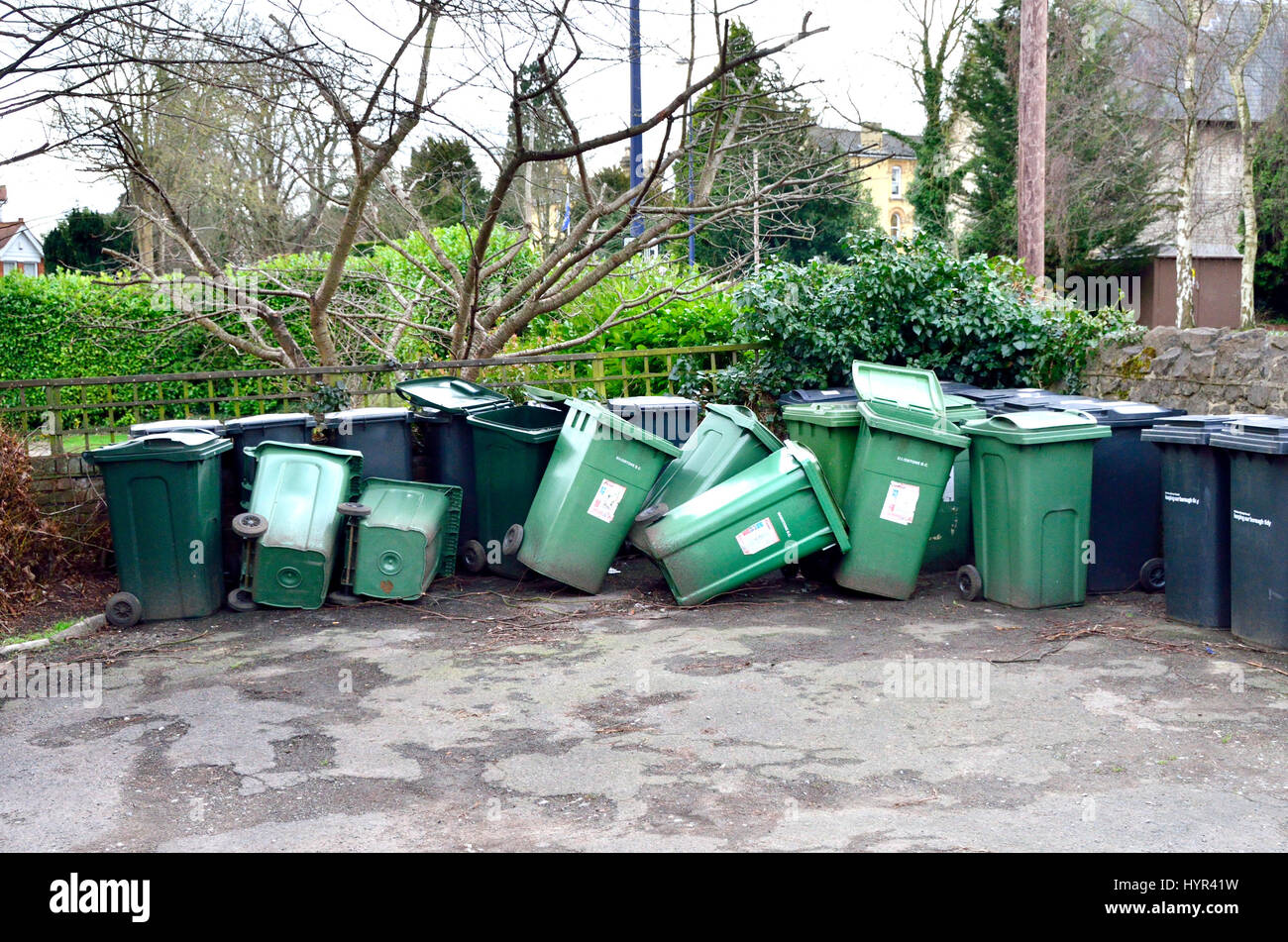 Rubbish and recycling bins outside flats in Maidstone, Kent, England. Stock Photo
