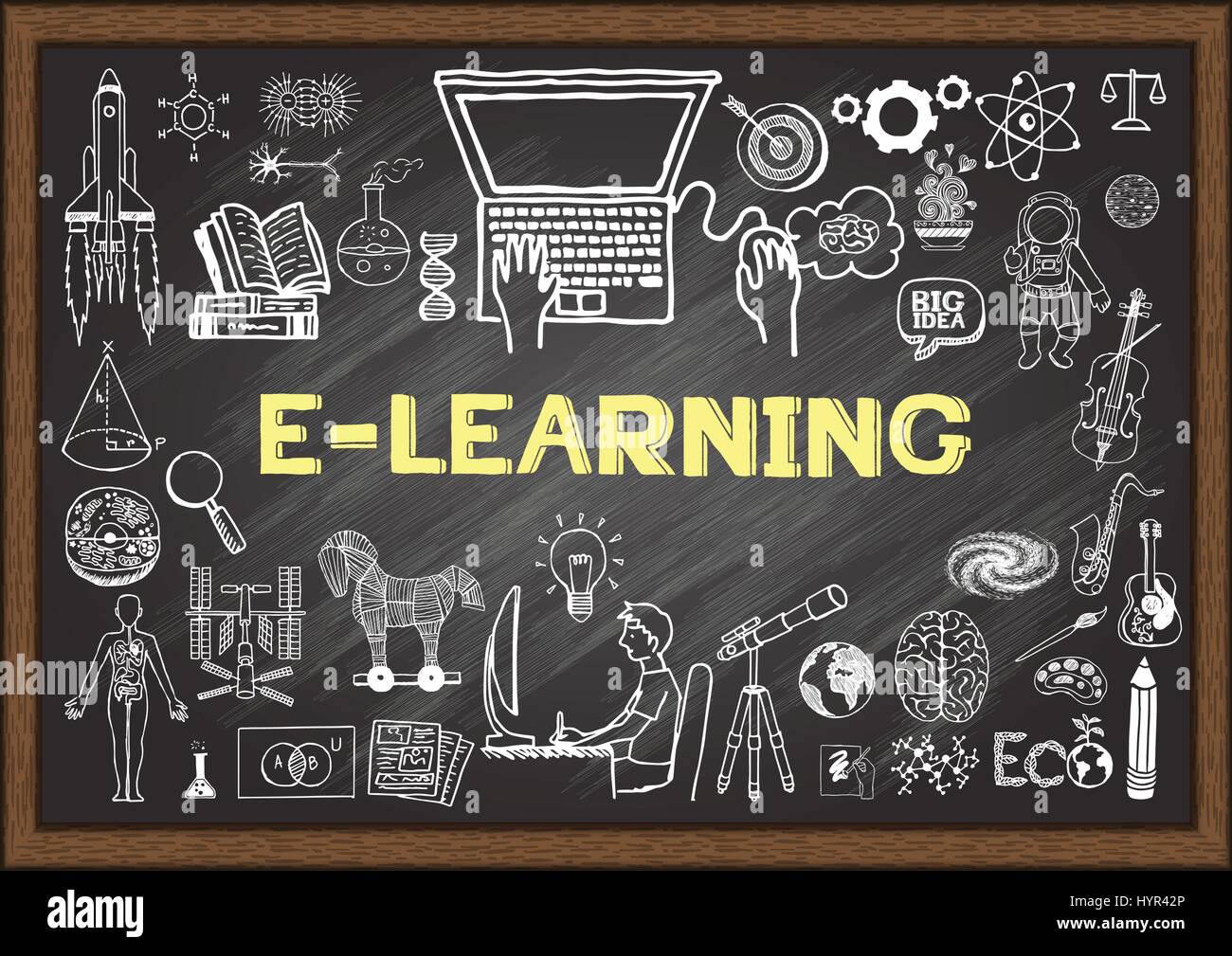 Hand drawn icons about E learning on chalkboard. Vector illustrations Stock Vector