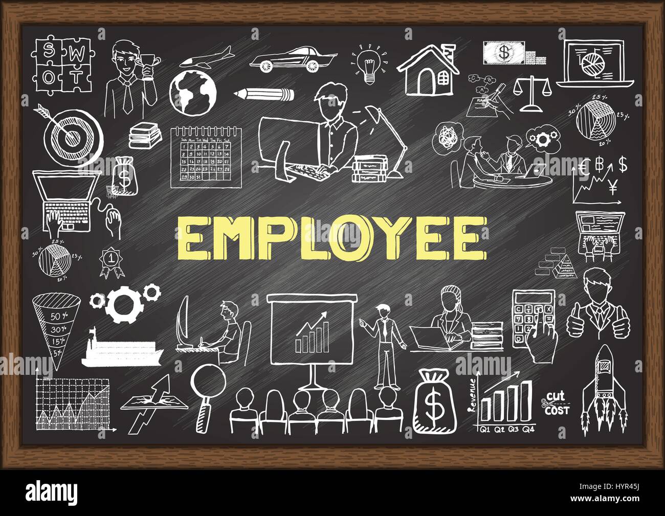 Hand drawn icons about employee on chalkboard. Vector illustrations ...