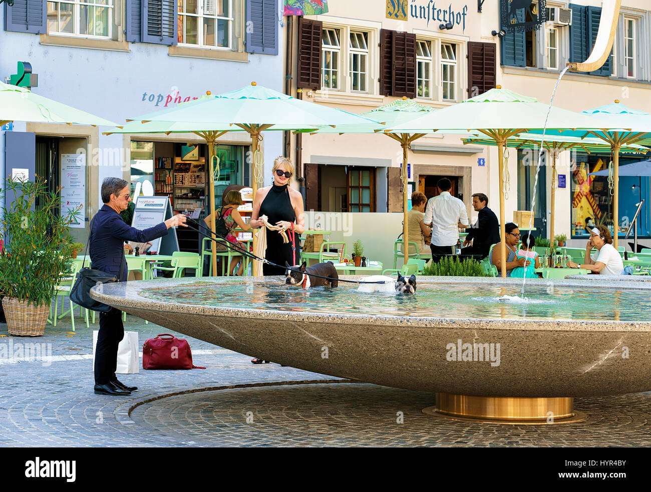 Zurich, Switzerland - September 2, 2016: People bathing dogs in the fountain at Munsterhof square in Zurich, Switzerland Stock Photo