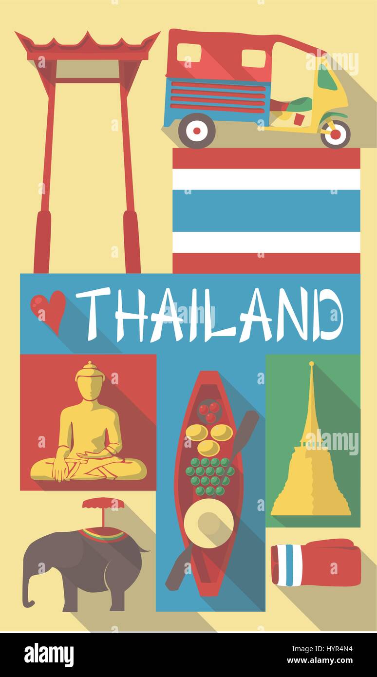 Retro Drawing of Thailand Thailand Bangkok Cultural Symbols on a Poster and Postcard Stock Vector