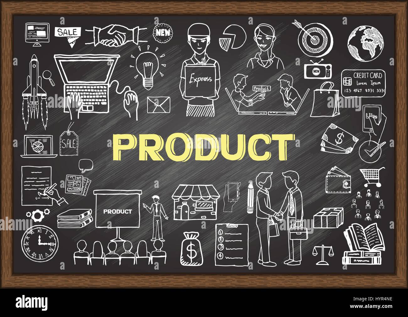 Hand drawn icons about product on chalkboard. Vector illustrations ...