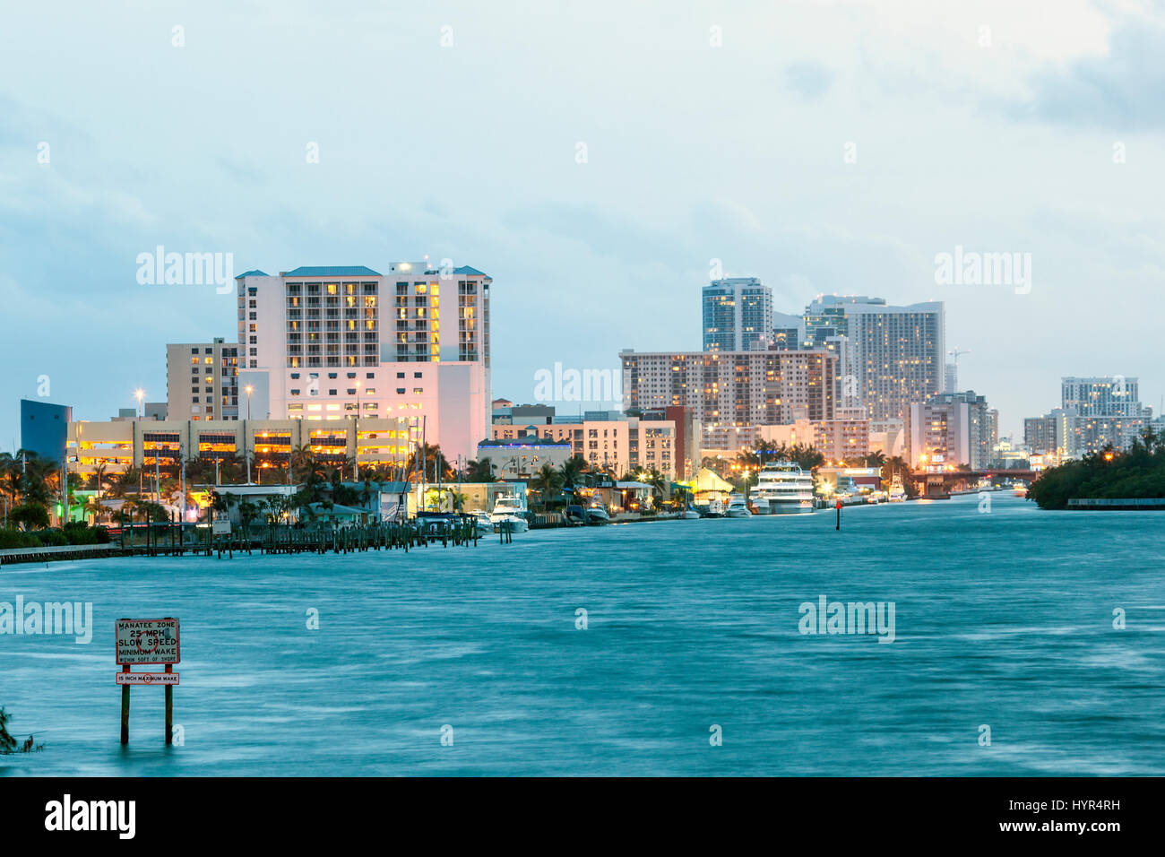 Skyline of Hollywood Beach illuminated at dusk. Florida, United States