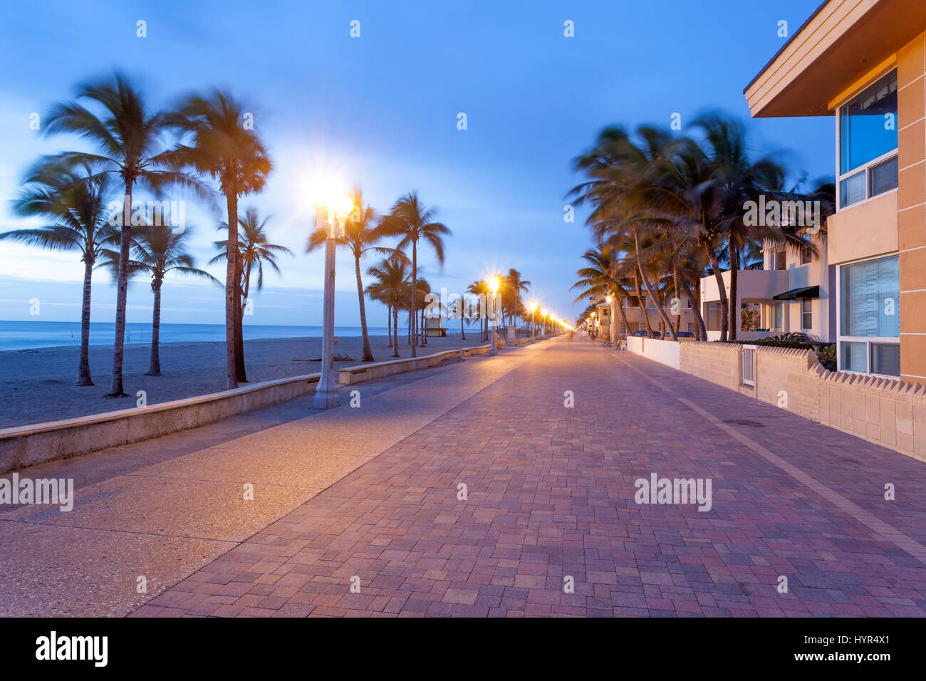 Hollywood beach broadwalk promenade at dawn. Florida, United States