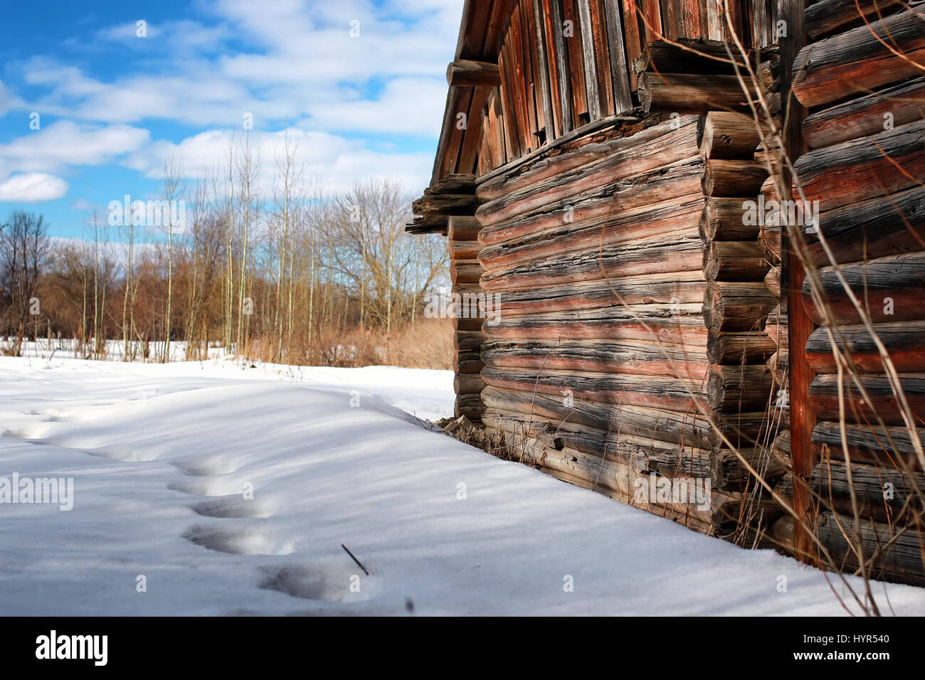 log house wall landscape winter Stock Photo - Alamy