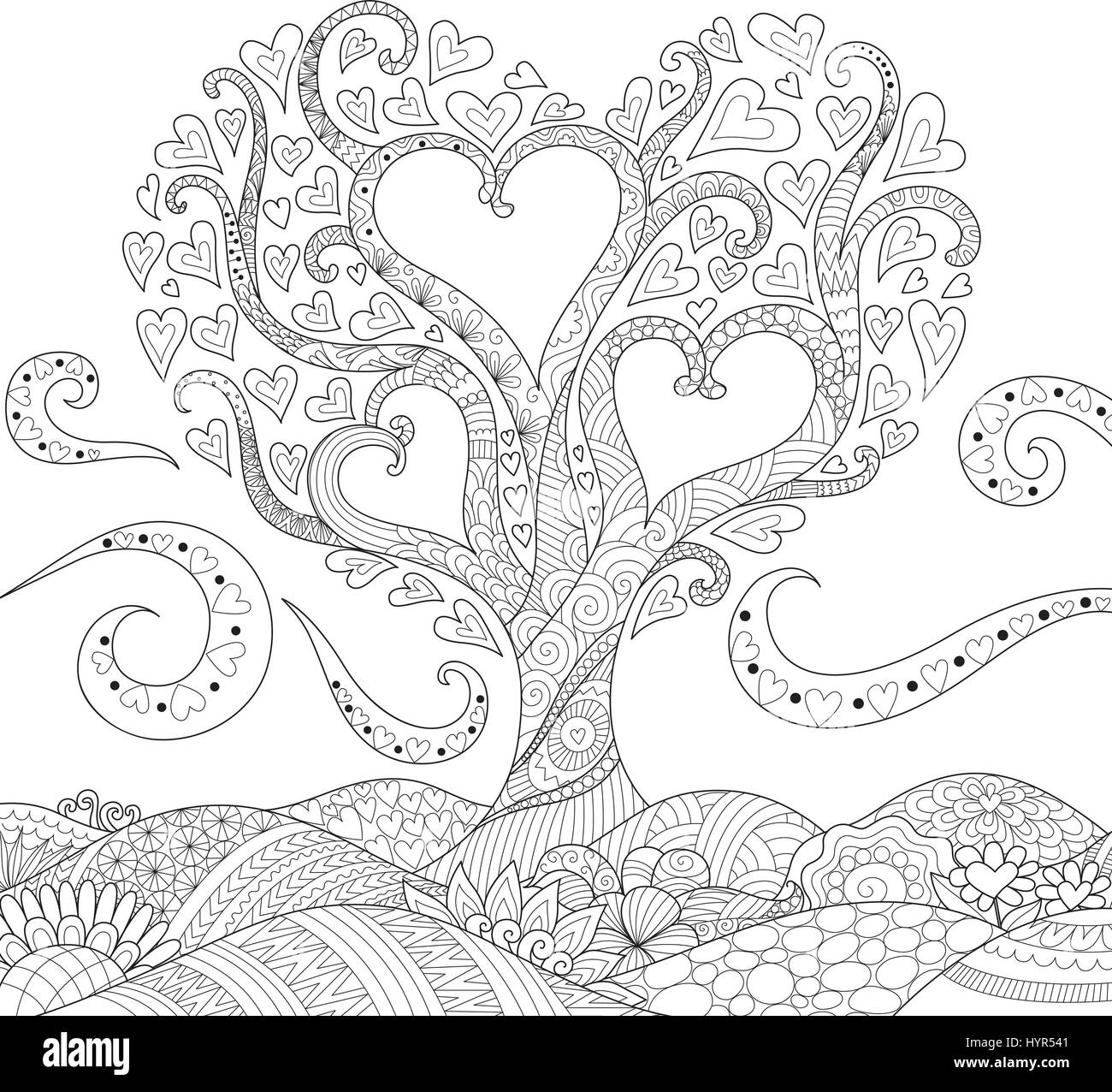 Hearted shape tree on floral ground for card,invitation and adult coloring book page for anti stress. Vector illustration. Stock Vector