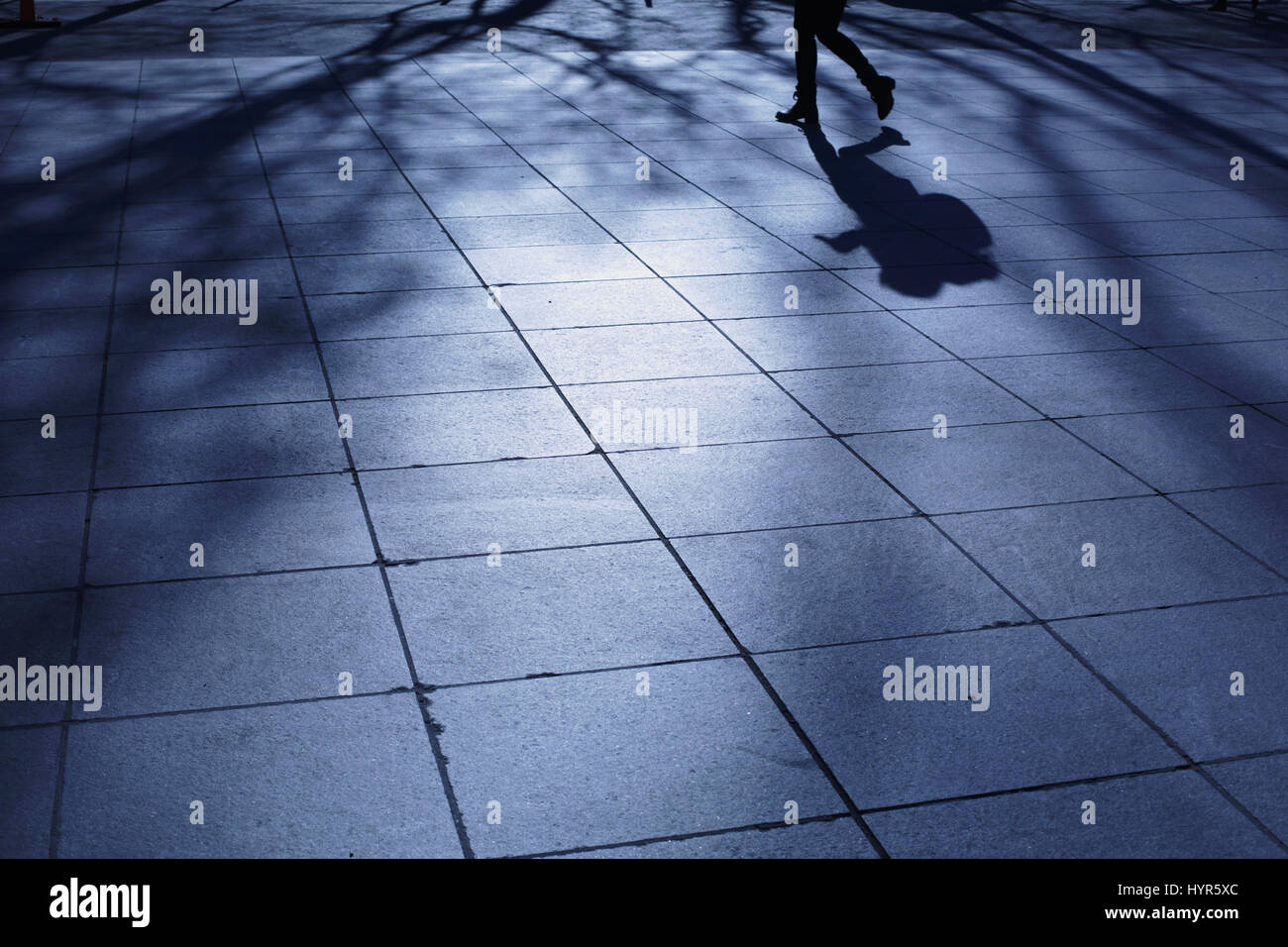 Alone a young woman walks across a New York City park in blue night shadows Stock Photo