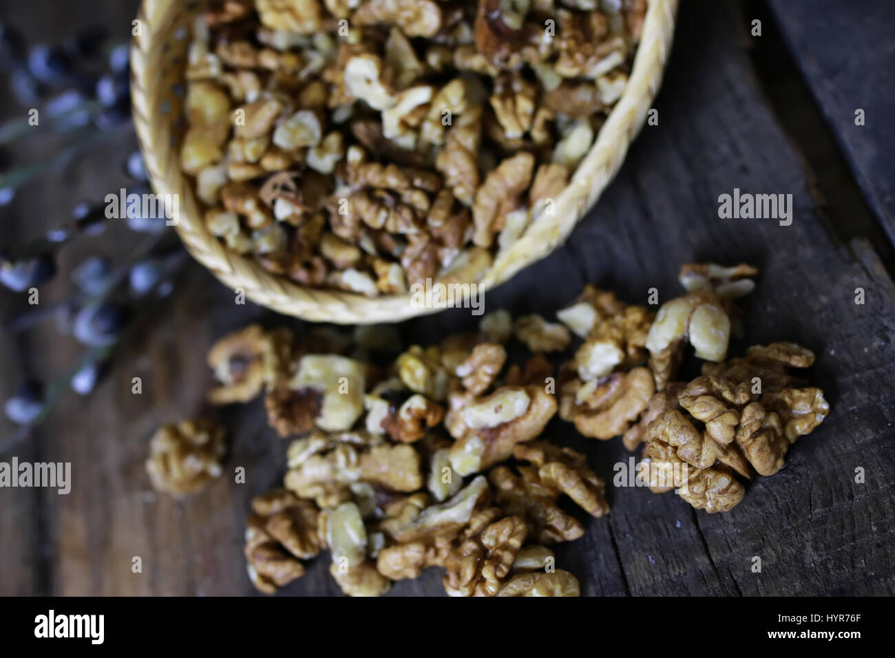 peeled walnut on a wooden background Stock Photo