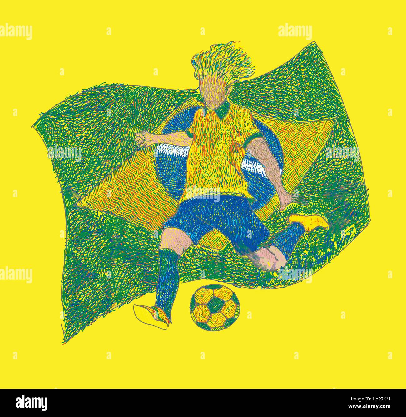 post impressionist style vector football player on brazil flag Stock Vector