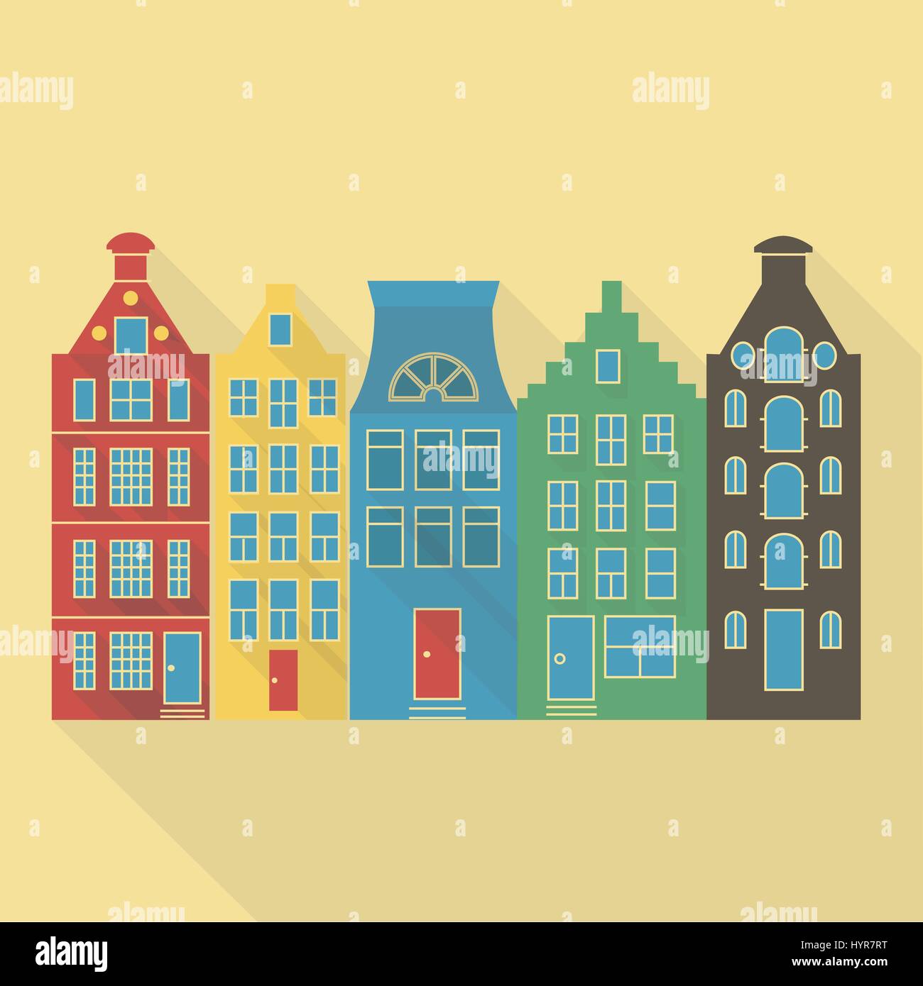 Vector illustration long shadow flat icon of amsterdam houses Stock ...