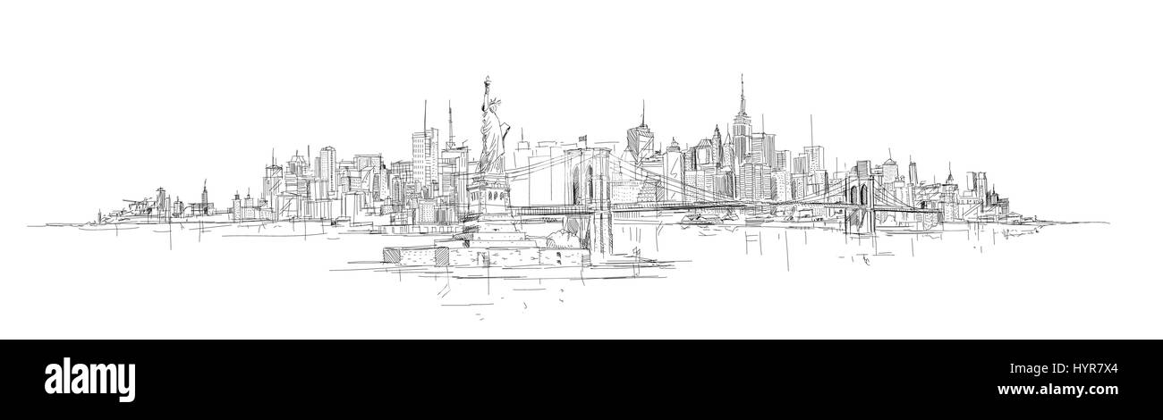 vector sketch hand drawing panoramic new york city silhouette Stock Vector