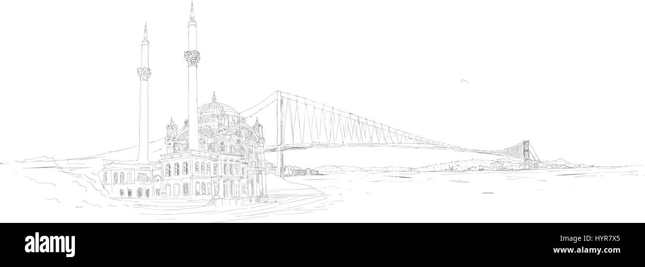 vector hand drawing panoramic istanbul ortakoy mosque and bosphorus bridge Stock Vector