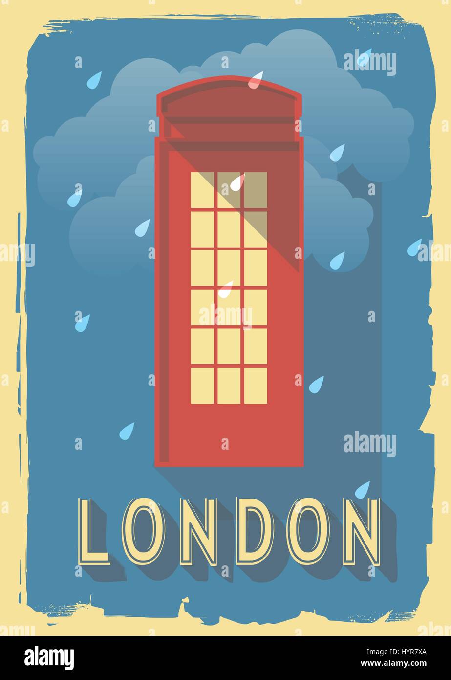vector illustration phone box of london england on retro style poster or postcard. Stock Vector