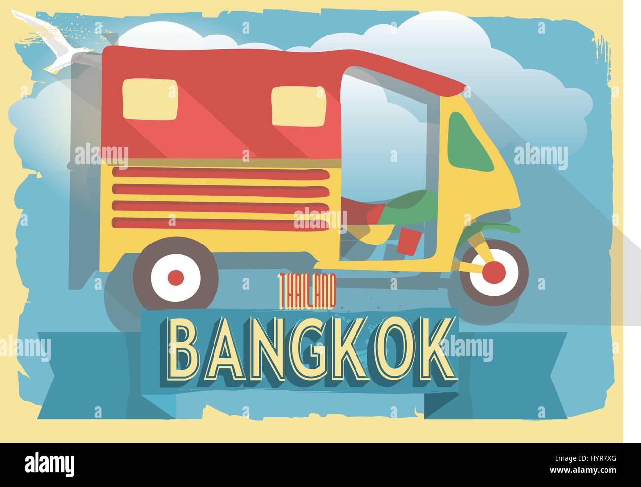 vector illustration tuk tuk of thailand bangkok on retro style poster or postcard. Stock Vector