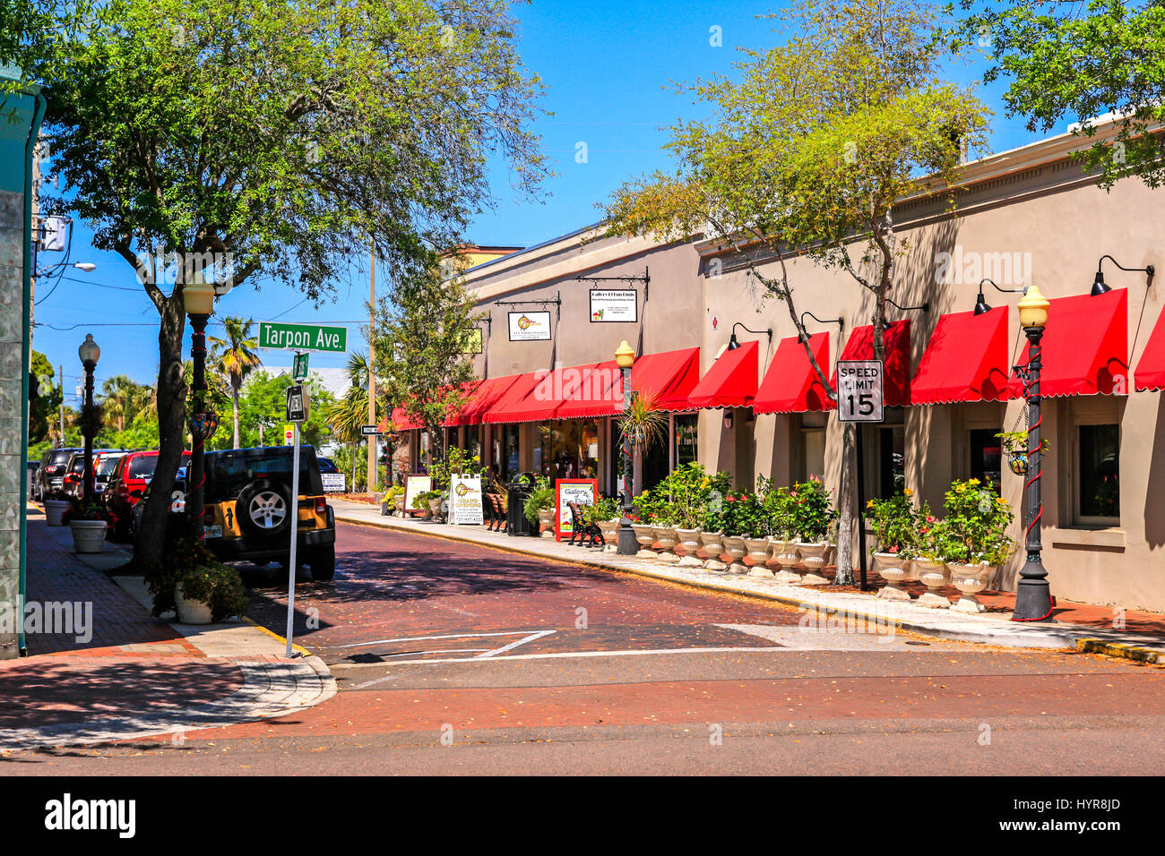 Stores on Hibiscus Street in downtown historic Tarpon Springs, Florida